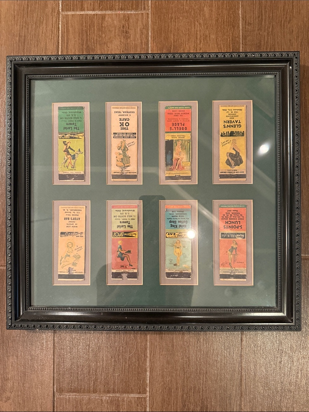 Framed Vintage Matchbook Cover Collector Display - Green Mat